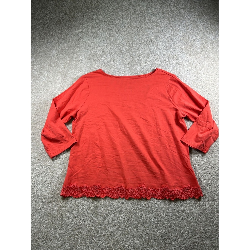 Coldwater Creek Womens Coral Lace Hem Top XL Cotton Spandex Casual 3/4 Sleeve Bl